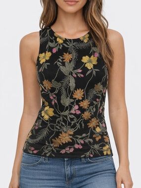 ANTHROPOLOGIE Meadow Rue Embroidered Floral Sleeveless Top Black‎ Boho Size XXS